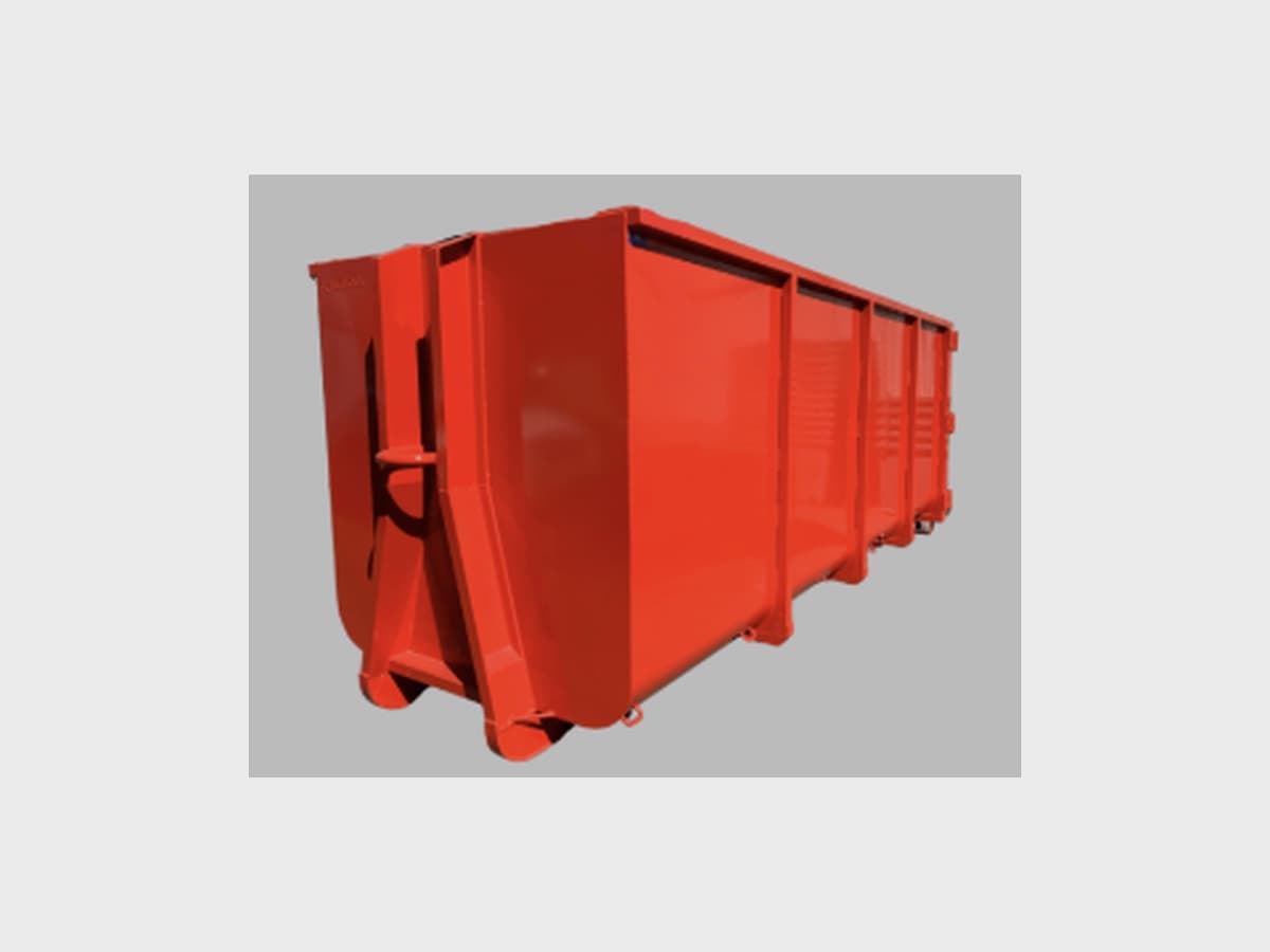 Rolled sided hooklift bin in red